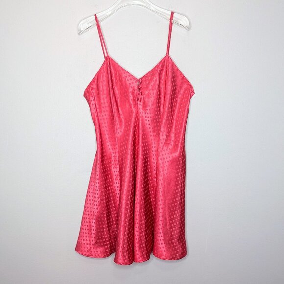 Vintage Bright Pink Monochromatic Polka Dot Pattern Satin Slip Dress Buttons - Picture 1 of 9